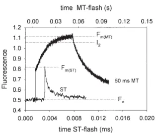 Fig. 4.  Courbes  d’induction  de  fluorescence  obtenues  chez  l’algue  verte  Ankistrodesmus  en  utilisant  un  single  turnover flash (« ST », axe des abscisses du bas 0-0,02 ms), ou un multiple turnover flash d’une durée de 50 ms  (« MT », axe des ab