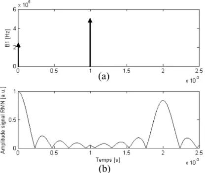 Fig. 1.6 – Simulation d’un ´ echo de Hahn. Inhomog´ en´ eit´ e de B 0 : 1000 ppm ; induction statique de 0.1 T (4.25 MHz)
