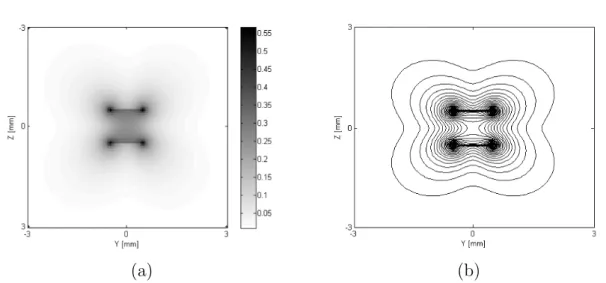 Fig. 3.6 – Induction [T] cr´ e´ ee par un aimant 2D de dimensions 1 × 1 mm et de polarisation J 0 = 1 T (a)