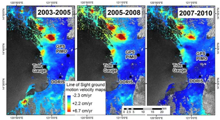Figure 4b: Line of Sight ground motion velocity maps in cm/yr for 2003–2005, 2005–2008, and 2007–2010 