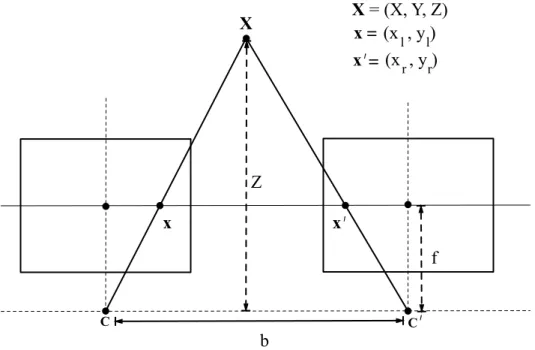 Figure 1.7: After rectification: The scene point X projected as x in the left image and x 0 in the right image