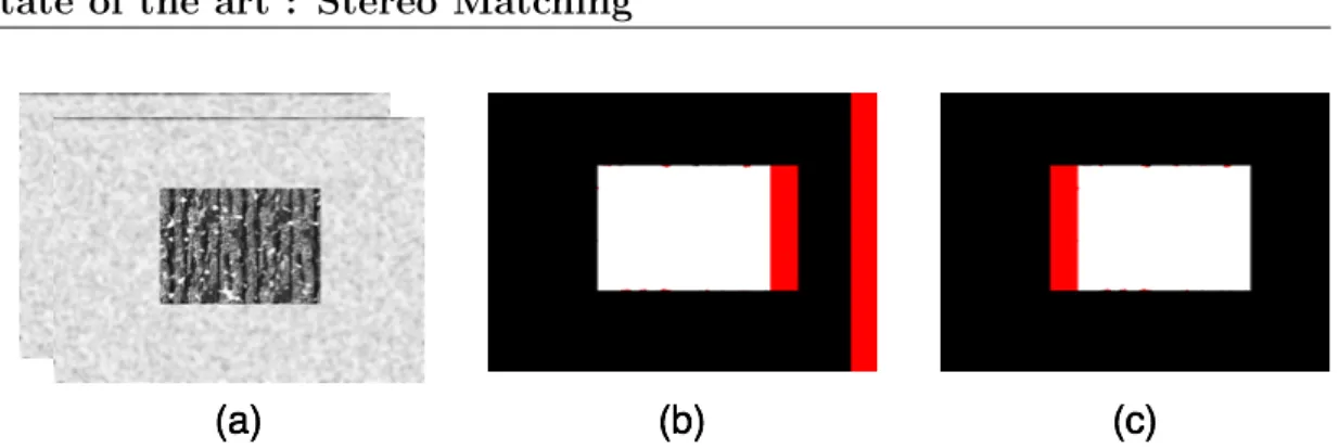 Figure 2.7: Cross Check applied to the texture images in (a) shows the occluded regions in red