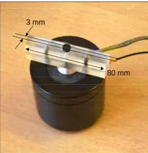 Fig. 5 : Modification du palpeur acoustique. L’ajout d’une barre de 80 mm de long par 3 mm de large à la place  d’un piston permet de déterminer le caractère anisotrope d’un milieu