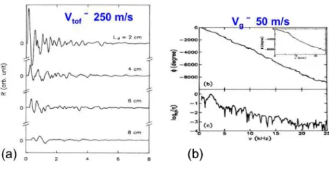 Figure  1.4 :  (a)  Transmission  d’une  onde  impulsionnelle  à  faible  amplitude  dans  le  milieu  granulaire  sous  gravité