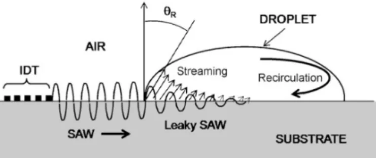 Figure 6.1 – Sch´ ema du principe d’un appareil SAW [65]. Les ´ electrodes inter- inter-digit´ ees IDT ´ emettent l’onde SAW qui se propage vers la droite sur la surface du substrat et rencontre la goutte