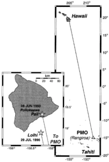 Fig. 2.10: Localisation des séismes du 8 juin 1993 (Poliokeawe) et du 29 juillet 1996 (Loihi) par le Réseau Sismique Polynésien à la station PMO