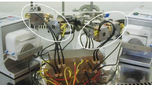 Figure 3. 7 : Banc de test (version 2) d’un ensemble de 4 dispositifs doubles avec circulation fluidique.