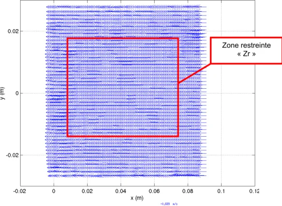 Figure 34 : Champ PIV et la zone spatiale restreinte  On obtient donc la moyenne spatiale 