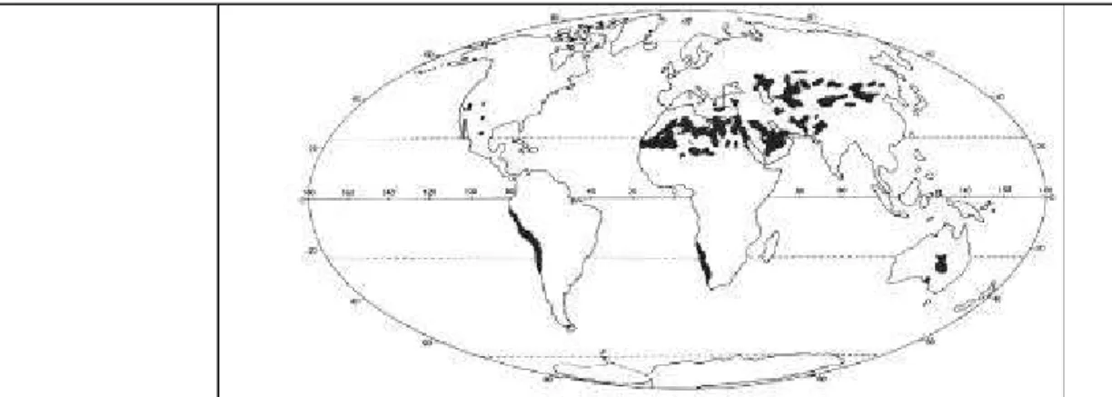 Fig. 1.4: Global distibution of sand dunes at present time (After Goudie, 1983). 