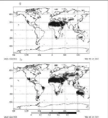 Fig. 2.9: Potential dust sources for present day (a) and LGM (b)  climate from Mahowald et al