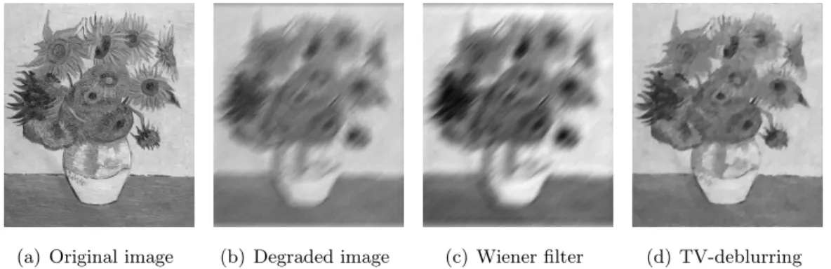 Figure 8: Motion deblurring using total variation regularization. (a) and (b) show the clean image and a degraded version containing motion blur of approximately 30 pixels and Gaussian noise of standard deviation σ = 0.02