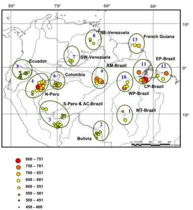 Fig. 1. Schematic representation of regions across the Amazon Basin. Each symbol represent one plot and the size of the symbol shows the arithmetic mean D x (kg m −3 )