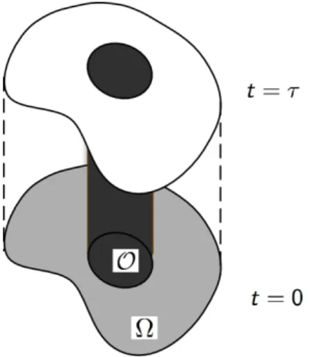 Fig. 1 An initial data inverse problem for evolution PDE’s : How to reconstruct the initial state (light grey) for a PDE set on a domain Ω from partial observation on O × [0, τ] (dark grey)?