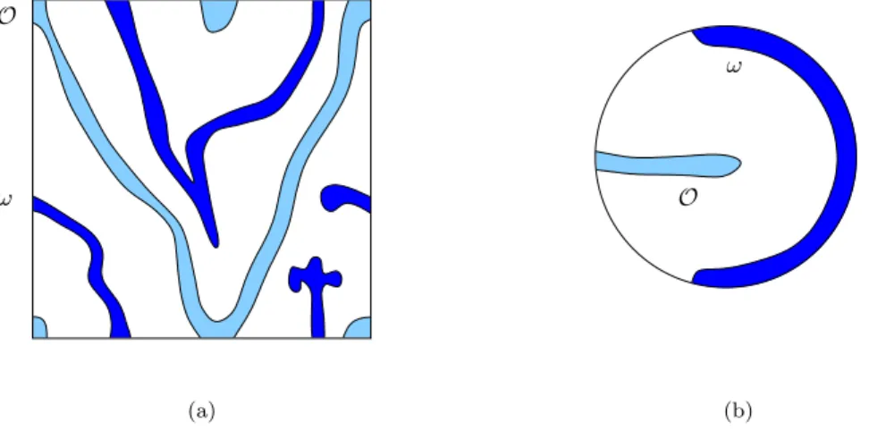Figure 1: Examples of open sets (Ω, ω, O ) such that ω and O both satisfy GCC in Ω, with ω ∩ O = ∅ : in the case (a), Ω is the flat torus (or the square), in the case (b), Ω is the disk.