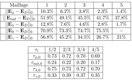 Tab. 6.5 – Cas singulier 1 : Erreurs L 2 (ω) et taux de convergence.