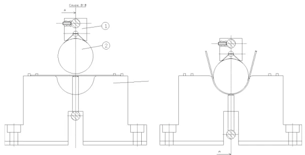 Fig. 6.8 – Sch´ ema du dispositif exp´ erimental pour la flexion cylindrique. A gauche : avant le d´ eplacement de poin¸con