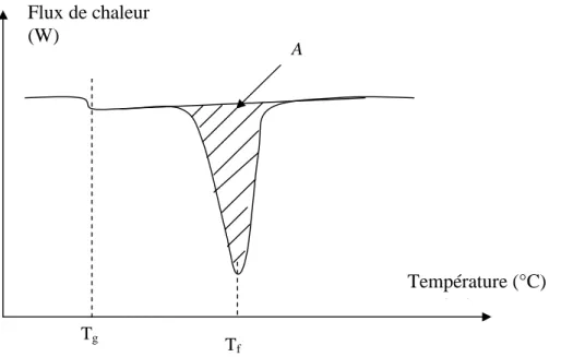 Figure II.2 - Thermogramme schématisé d’un polymère semi-cristallin obtenu par DSC  Le saut de capacité calorifique caractéristique de la transition vitreuse du PEHD est difficile à  observer et encore plus à quantifier à partir de DSC alors qu’elle est fa