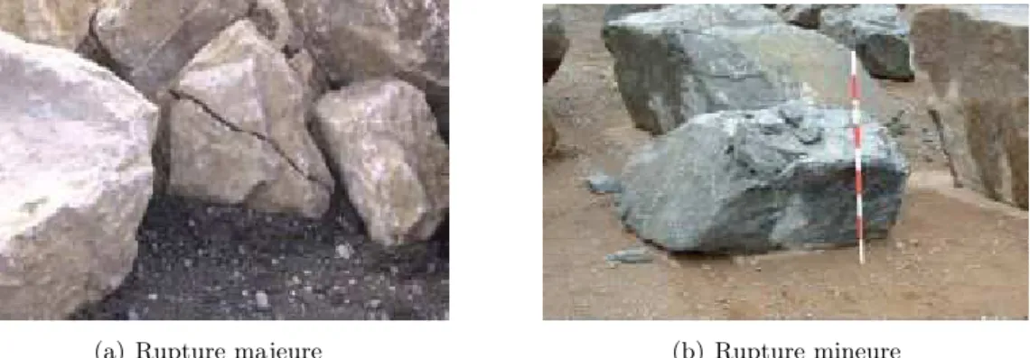 Fig. 2.6 – Photographies de blocs affectés par des ruptures majeure et mineure, photos S.Dupray [RKM06].