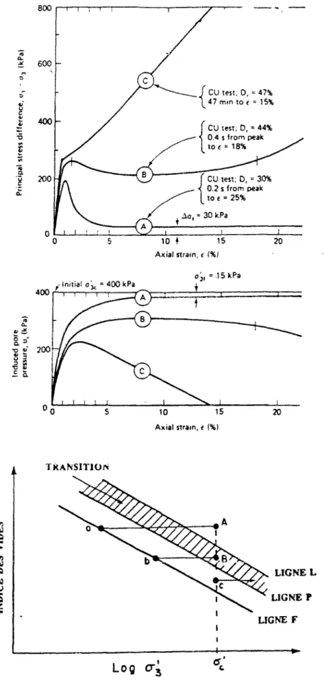 Figure 1-5 Différents types de comportement du sable selon Castro (1969) 