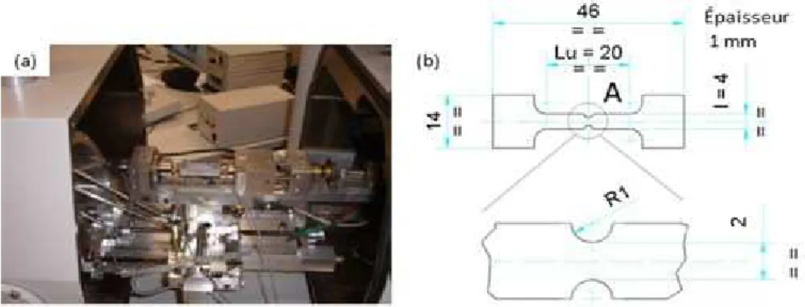 Figure 51 : (a) Machine de traction in-situ dans le MEB- FEG, (b) plan d’éprouvette.