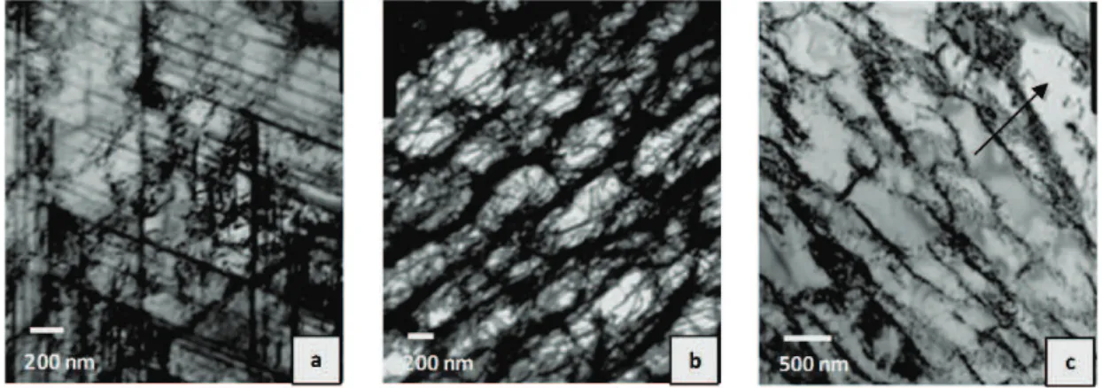 Fig IV-6. Microstructure après la phase pré-écrouissage à PCA_1,5% : (a) micromâcles et martensite ߙ ᇱ , (b)  murs et cellules et (c) structures de dislocations mixtes avec des structures en échelles (voir la flèche).