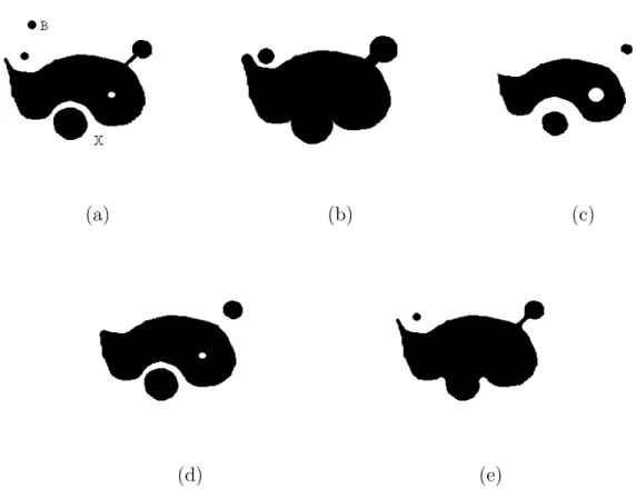 Fig. 3.1 – Illustration de différentes opérations morphologiques par un élément structurant B circulaire sur une image binaire (a)
