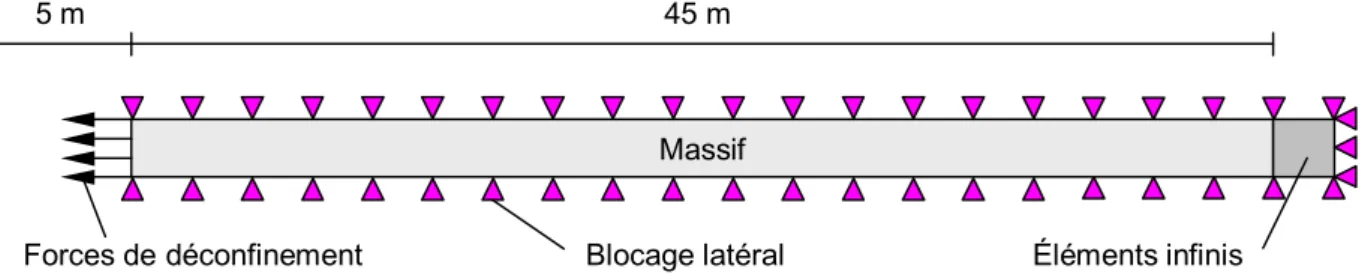 Figure 31 : Structure du modèle 1D-axisymétrique CESAR-LCPC utilisé pour la validation des  solutions analytiques dans le cas monophasique (le blocage latéral correspond physiquement à des 