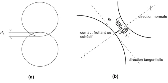 fig.   1.3. (a) Déformée de deux grains par chevauchement. (b) Modèle de contact. 
