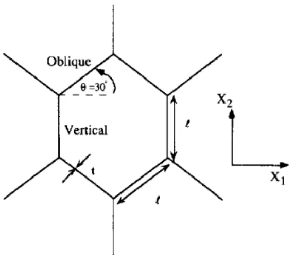 Figure II-6 – Schéma d’une cellule unitaire hexagonale d’un nid d’abeille [GUO 1999]