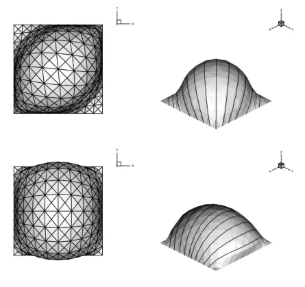 Fig. 1.8 – Soufflage d’une membrane carr´ee isotrope transverse. En haut, les ﬁbres renfor¸cantes sont initialement orient´ees suivant la diagonale du carr´e ; en bas elles sont orient´ees parall`element ` a la direction X