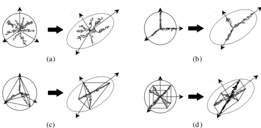 Fig. 3.18 – Les diff´erents mod`eles hyper´elastiques mol´eculaires. (a) Mod`ele de r´eseau complet propos´e par Treloar et Riding (1979), et Wu et van der Giessen (1993)