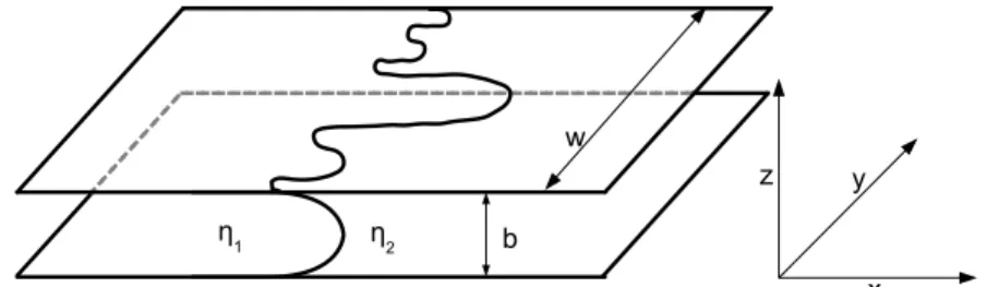 Figure 4.1.: Schematical view of a Hele–Shaw cell filled with two liquids of different viscosi- viscosi-ties