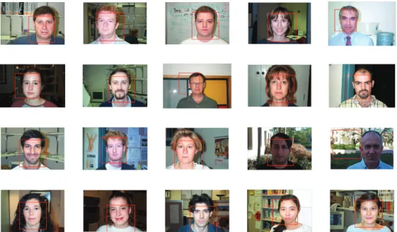 Figure 4.10: A proof-of-concept co-segmentation example on a subset of 20 im- im-ages from the Caltech face dataset: The last image is used as a query, and the bounding box minimizing the mean similarity to a subset of 19 random images in the dataset is re