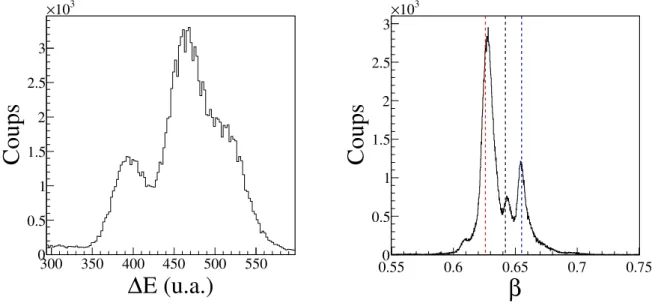 Figure 3.1 – D´epˆ ot d’´energie du faisceau dans le plastique F7 (gauche), et vitesse des noyaux incidents mesur´ee dans BigRIPS (droite) avec la vitesse attendue des noyaux 24 O (tirets rouges), 23 O (tirets noirs) et 25 F (tirets bleus).