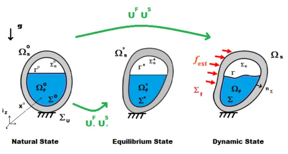 Figure 1.1 – Configuration du probl` eme et pr´ esentation des trois ´ etats : naturel, ` a l’´ equi- equi-libre et dynamique.