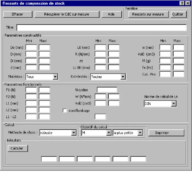 Figure III.11  Interface principale pour ressorts de compression de stock  2.2   Traduction du cahier des charges : définition d