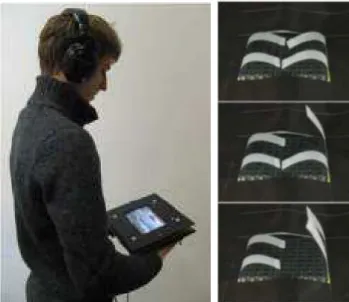 Figure 2.8: Handhled haptic device. A mobile haptic TV embedding an array of ultrasonic transmitters delivering tactile cues on user’s fingers [AMS11].