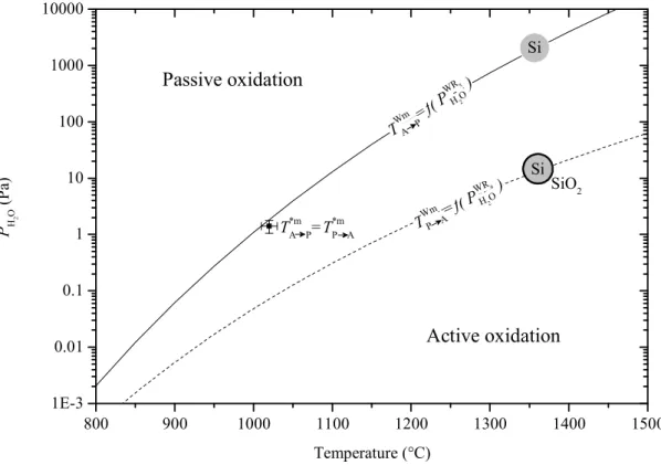 Figure  III.1:  Expected  active  to  passive  ( T A Wm P ,  bare  silicon  surface,  full  line)  and  passive  to  active  ( T P Wm A ,  silicon  surface  covered  with  silica,  dashed  line)  transition  temperatures as a function of the surrounding wa