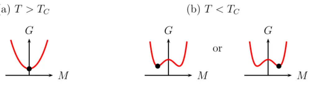 Figure 1.1: (a) T > T C : the stable state is shown as a black dot and correspond to zero magnetization.