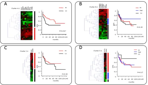 Figure 3: Hierarchical tree structure classifying the 126 patients according to the mRNA level of genes from the Th1 (A) Th2 (B) Treg (C) Th17 (D) clusters from maximal (red) to minimal (green) expression levels