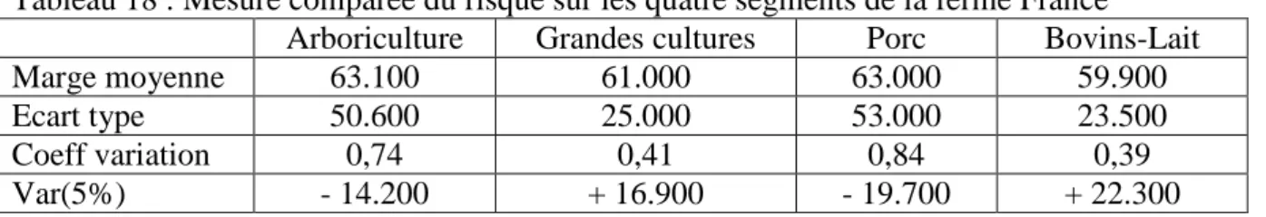 Tableau 18 : Mesure comparée du risque sur les quatre segments de la ferme France 