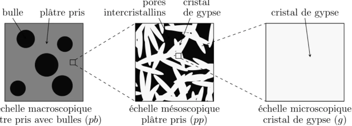 Fig. 3.7 – Représentation de la microstructure multiéchelle d’un plâtre pris avec bulles : un ver est schématisé à chacune des trois échelles introduites