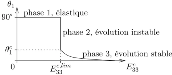 Fig. 6.11 – Schématisation de la loi d’évolution de la variable d’endommagement θ 1 , en fonction de la déformation de compression macroscopique