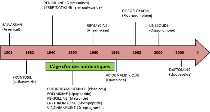 Figure I.1: les principales classes d'antibiotiques et leurs dates de découverte. Adapté à partir de la  revue (Choffnes et al., 2010)