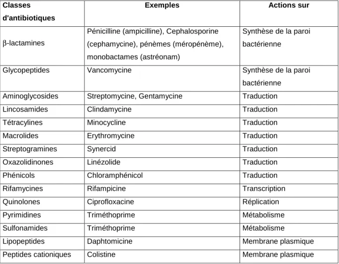 Tableau I.1: Modes d’action des classes d’antibiotiques, avec quelques exemples et leurs cibles
