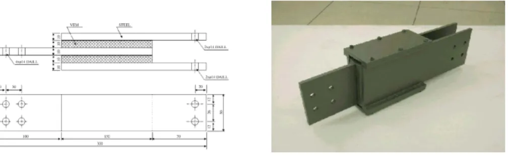 Fig. 1.6 – Exemple de conception de tirant amorti (structure m´etallique enserrant une couche de mat´eriau visco´elastique -partie gris´ee) et exemple de r´ealisation pour le bˆatiment