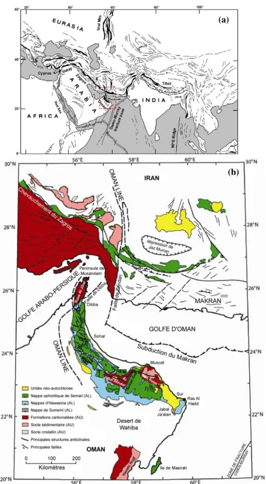 Figure 1 : a) Carte structurale générale montrant la localisation des montagnes d’Oman au Sud-Est de la  plaque Arabe et la distribution des ophiolites de la suture téthysienne dans la ceinture orogénique  Alpino-Himalayenne (d’après Coleman, 1981)