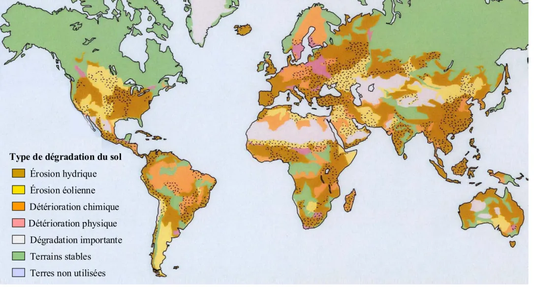 Figure 1 : Dégradation des sols dans le monde ( traduit de Oldeman et al., 1990)