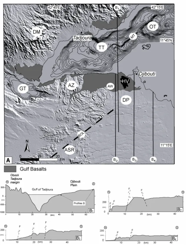 Figure  3:  Topographical  framework  of  the  Tadjoura  rifted  zone.  (A)  Shuttle  Radar  Topography  Mission  digital elevation model and bathymetric contour map (from Audin 1999)