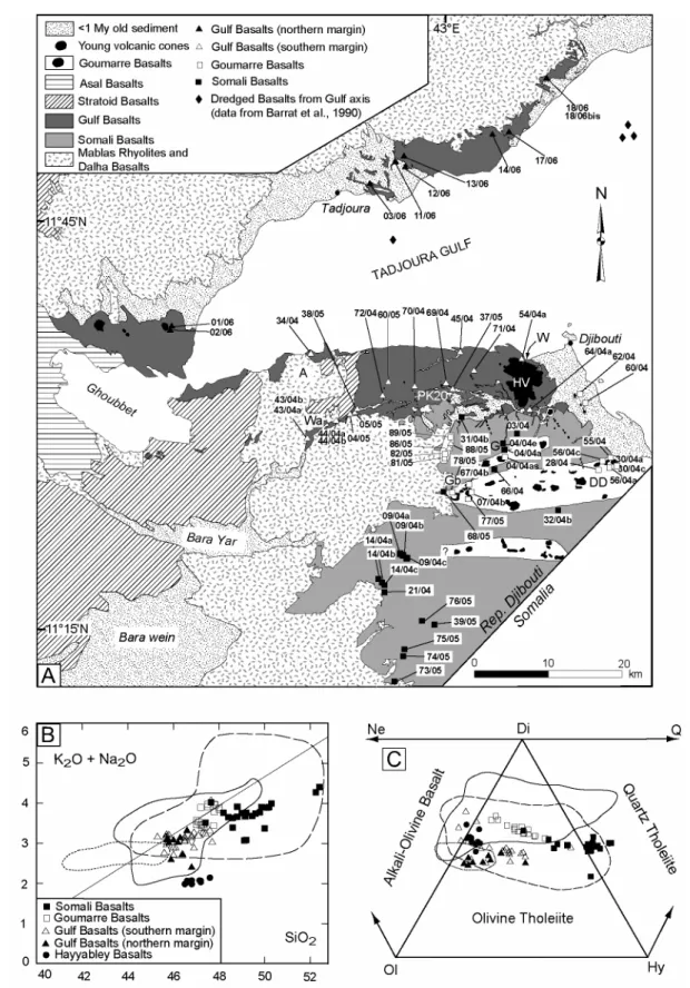 Figure 7:  Geochemical dataset of recent mafic volcanics from the Tadjoura rift. (A) Location map of 78 rock  samples studied in this work